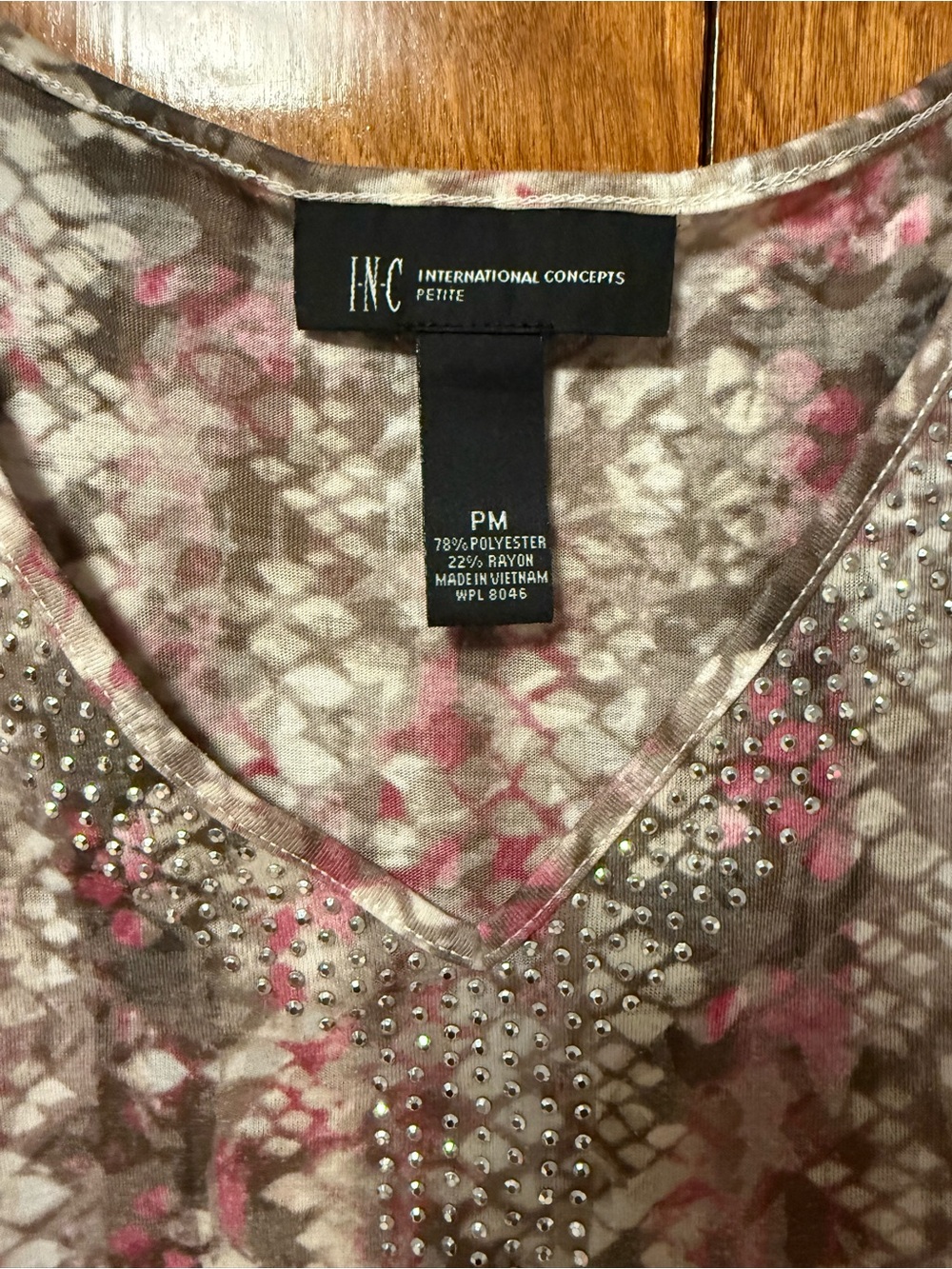 INC International Concepts Pink Taupe Patterned V-Neck Top - Picture 2 of 4